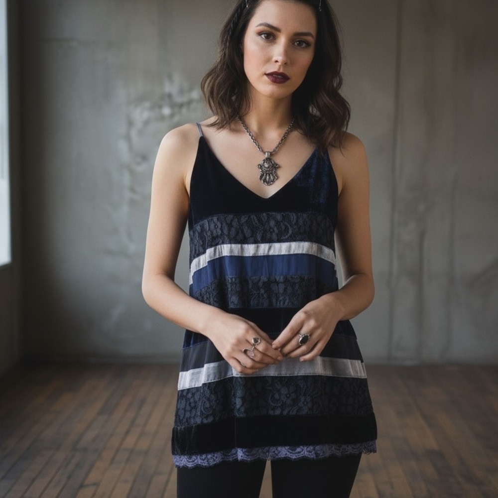 Whimsigoth 90s Y2K Dark Romantic Grunge Witchy Tank Top XS Velvet Lace Stripe‎